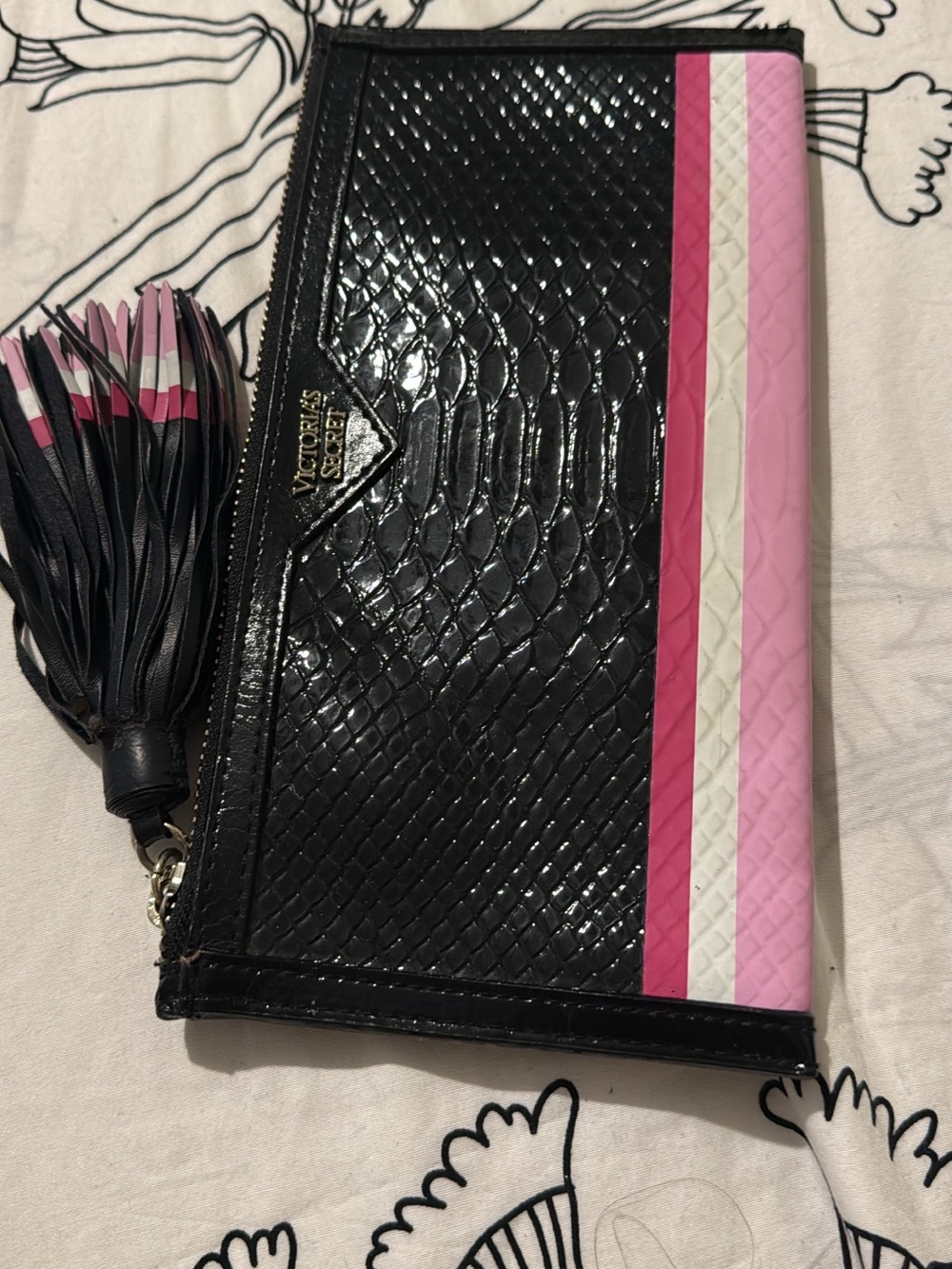 Victoria's Secret Black Clutch with Pink and White Stripes